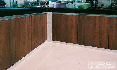 ชุดครัว Built-in โครงซีเมนต์บอร์ด หน้าบาน Laminate สี Natural Teak
