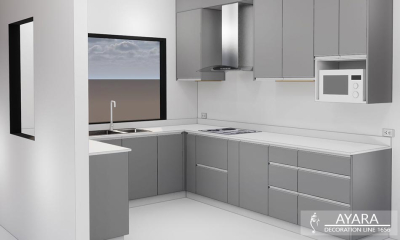 ชุดครัว Built-in โครงซีเมนต์บอร์ด หน้าบาน Laminate สี Mouse