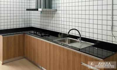 ชุดครัว Built-in โครงซีเมนต์บอร์ด หน้าบาน Laminate สี Millennium Oak