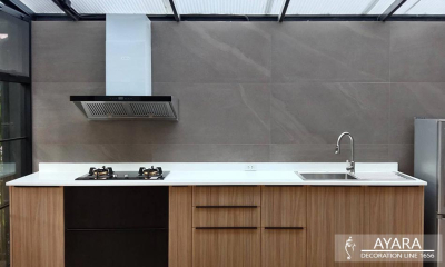 ชุดครัว Built-in โครงซีเมนต์บอร์ด หน้าบาน Melamine สี ES-5019-17 + ES-5040-12