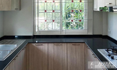ชุดครัว Built-in โครงซีเมนต์บอร์ด หน้าบาน Laminate สี Bisque Elm