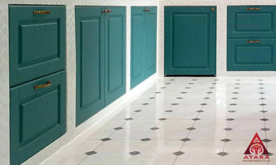 ชุดครัว Built-in โครงซีเมนต์บอร์ด หน้าบาน PVC สีเขียว เซาะร่อง