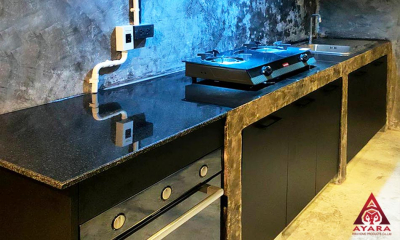 ชุดครัว Built-in โครงซีเมนต์บอร์ด หน้าบาน Laminate สีดำด้าน