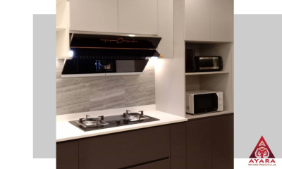 ชุดครัว Built-in โครงซีเมนต์บอร์ด หน้าบาน Melamine สีเทาเข้ม + สีเทาอ่อน