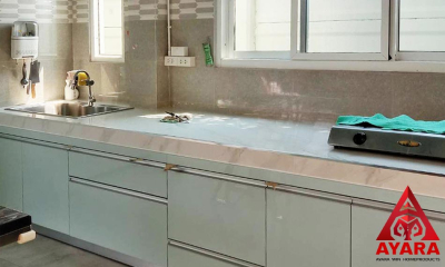 ชุดครัว Built-in โครงซีเมนต์บอร์ด หน้าบาน Hi Gloss สีเขียวอ่อน