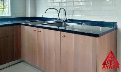 ชุดครัว Built-in โครงซีเมนต์บอร์ด หน้าบาน Laminate สี Sap Oak