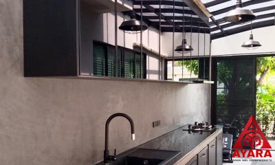 ชุดครัว Built-in โครงซีเมนต์บอร์ด หน้าบาน Hi Gloss สีดำด้าน