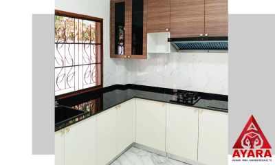 ชุดครัว Built-in โครงซีเมนต์บอร์ด หน้าบาน Melamine สี Absolute Walnut + สีครีม