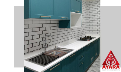 ชุดครัว Built-in โครงซีเมนต์บอร์ด หน้าบาน PVC สีเขียว เซาะร่อง