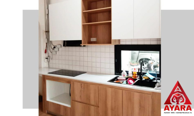 ชุดครัว Built-in โครงซีเมนต์บอร์ด หน้าบาน Melamine สี ES 5069-17 + ขาวด้าน