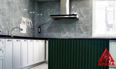 ชุดครัว Built-in โครงซีเมนต์บอร์ด หน้าบาน Laminate สีเทา + เขียว