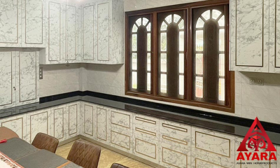 ชุดครัว Built-in โครงซีเมนต์บอร์ด หน้าบาน Laminate สีลายหินอ่อน