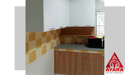 ชุดครัว Built-in โครงซีเมนต์บอร์ด หน้าบาน Melamine สี Lyon Walnut + ขาว