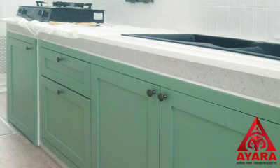 ชุดครัว Built-in โครงซีเมนต์บอร์ด หน้าบาน HMR พ่นสีเขียวด้าน