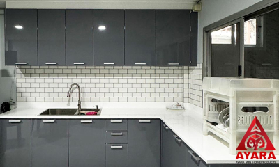 ชุดครัว Built-in โครงซีเมนต์บอร์ด หน้าบาน PVC สีเทาเงา