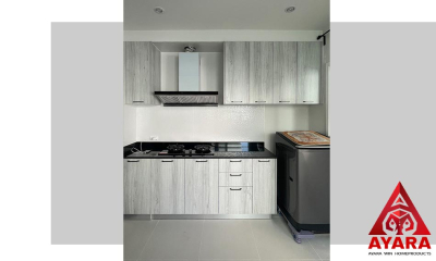 ชุดครัว Built-in โครงซีเมนต์บอร์ด หน้าบาน Melamine สี European Rift Oak