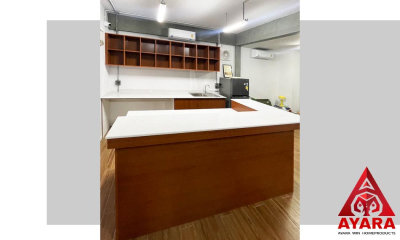 ชุดครัว Built-in โครงซีเมนต์บอร์ด หน้าบาน Melamine สี Pop Walnut