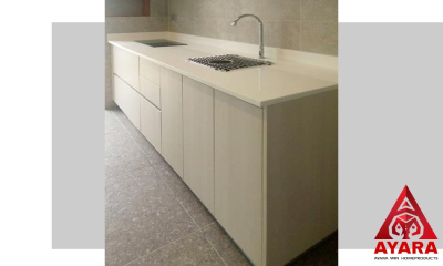 ชุดครัว Built-in โครงซีเมนต์บอร์ด หน้าบาน Melamine สี White Pine