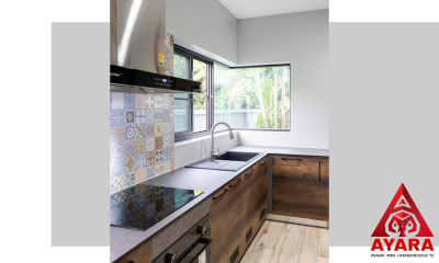 ชุดครัว Built-in โครงซีเมนต์บอร์ด หน้าบาน Laminate สี Canyon Monument Oak