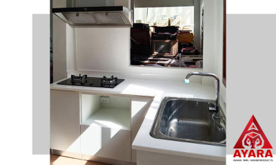 ชุดครัว Built-in โครงซีเมนต์บอร์ด หน้าบาน Melamine สีขาว