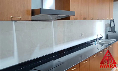 ชุดครัว Built-in โครงซีเมนต์บอร์ด หน้าบาน Melamine สี Pop Walnut