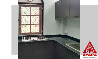 ชุดครัว Built-in โครงซีเมนต์บอร์ด หน้าบาน Melamine สีเทาด้าน