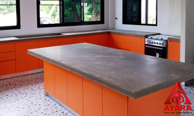 ชุดครัว Built-in โครงปาติเกิล กันชื้น หน้าบาน Laminate สีส้มด้าน