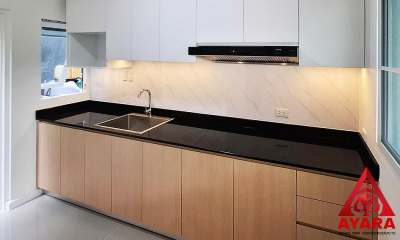 ชุดครัว Built-in โครงซีเมนต์บอร์ด หน้าบาน Melamine สี Brown Oak