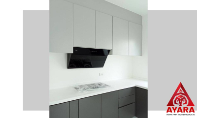 ชุดครัว Built-in โครงซีเมนต์บอร์ด หน้าบาน Melamine สีเทาเข้ม + เทาอ่อน
