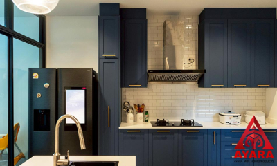ชุดครัว Built-in โครงซีเมนต์บอร์ด หน้าบาน PVC สีครามฟ้าอ่อน เซาะร่อง Stack