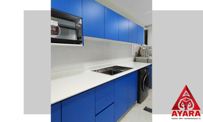 ชุดครัว Built-in โครงซีเมนต์บอร์ด หน้าบาน Laminate สีน้ำเงิน