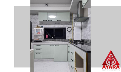 ชุดครัว Built-in โครงซีเมนต์บอร์ด หน้าบาน Hi Gloss สีเขียวอ่อนเงา