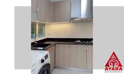 ชุดครัว Built-in โครงซีเมนต์บอร์ด หน้าบาน Laminate สี Deco Walnut