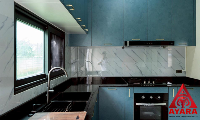 ชุดครัว Built-in โครงซีเมนต์บอร์ด หน้าบาน Melamine สีฟ้า