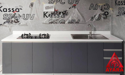 ชุดครัว Built-in โครงซีเมนต์บอร์ด หน้าบาน Melamine สีเทาด้าน