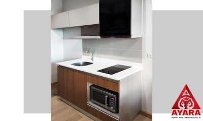 ชุดครัว Built-in โครงซีเมนต์บอร์ด หน้าบาน Melamine สี Nordic Maple