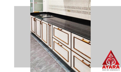 ชุดครัว Built-in โครงซีเมนต์บอร์ด หน้าบาน Laminate สี Dover White