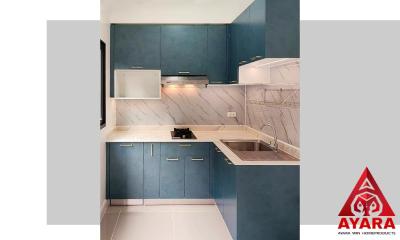 ชุดครัว Built-in โครงซีเมนต์บอร์ด หน้าบาน Melamine สีน้ำเงินด้าน