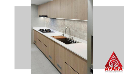 ชุดครัว Built-in โครงซีเมนต์บอร์ด หน้าบาน Melamine สีลายไม้