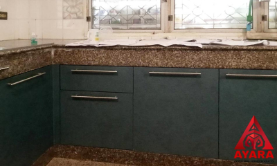 ชุดครัว Built-in โครงซีเมนต์บอร์ด หน้าบาน Melamine สีฟ้า