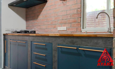 ชุดครัว Built-in โครงซีเมนต์บอร์ด หน้าบาน Melamine สีฟ้า
