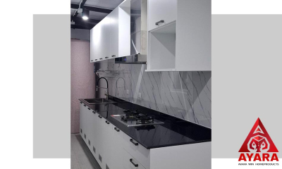 ชุดครัว Built-in โครงซีเมนต์บอร์ด หน้าบาน Melamine สีขาวด้าน