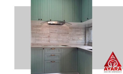 ชุดครัว Built-in โครงซีเมนต์บอร์ด หน้าบาน PVC สีเขียวด้าน ยกขอบ