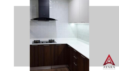 ชุดครัว Built-in โครงซีเมนต์บอร์ด หน้าบาน Melamine สี TNK 5021-12 + TNK 4002-11 ครีม