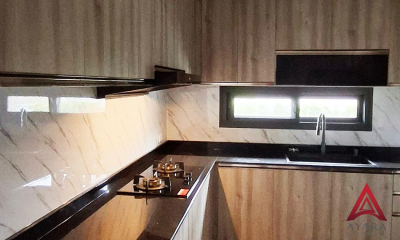 ชุดครัว Built-in โครงซีเมนต์บอร์ด หน้าบาน Melamine 5015-15 สีลายไม้