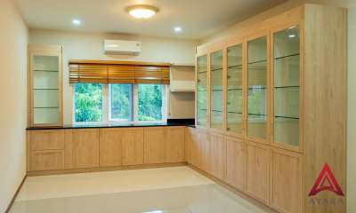 ชุดครัว Built-in โครงซีเมนต์บอร์ด หน้าบาน Melamine สี TNK5019-17 ยกขอบ