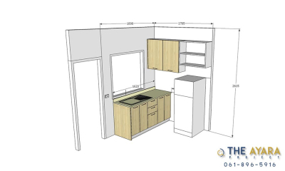 ชุดครัว Built-in โครงซีเมนต์บอร์ด หน้าบาน Melamine ลายไม้ สี Maple