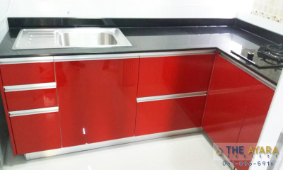 ชุดครัว Built-in โครงซีเมนต์บอร์ด หน้าบาน Hi Gloss สีแดง