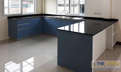 ชุดครัว Built-in โครงซีเมนต์บอร์ด หน้าบาน Laminate สี China Blue