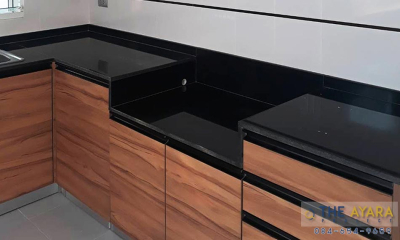 ชุดครัว Built-in โครงซีเมนต์บอร์ด หน้าบาน Laminate สี Classic Walnut
